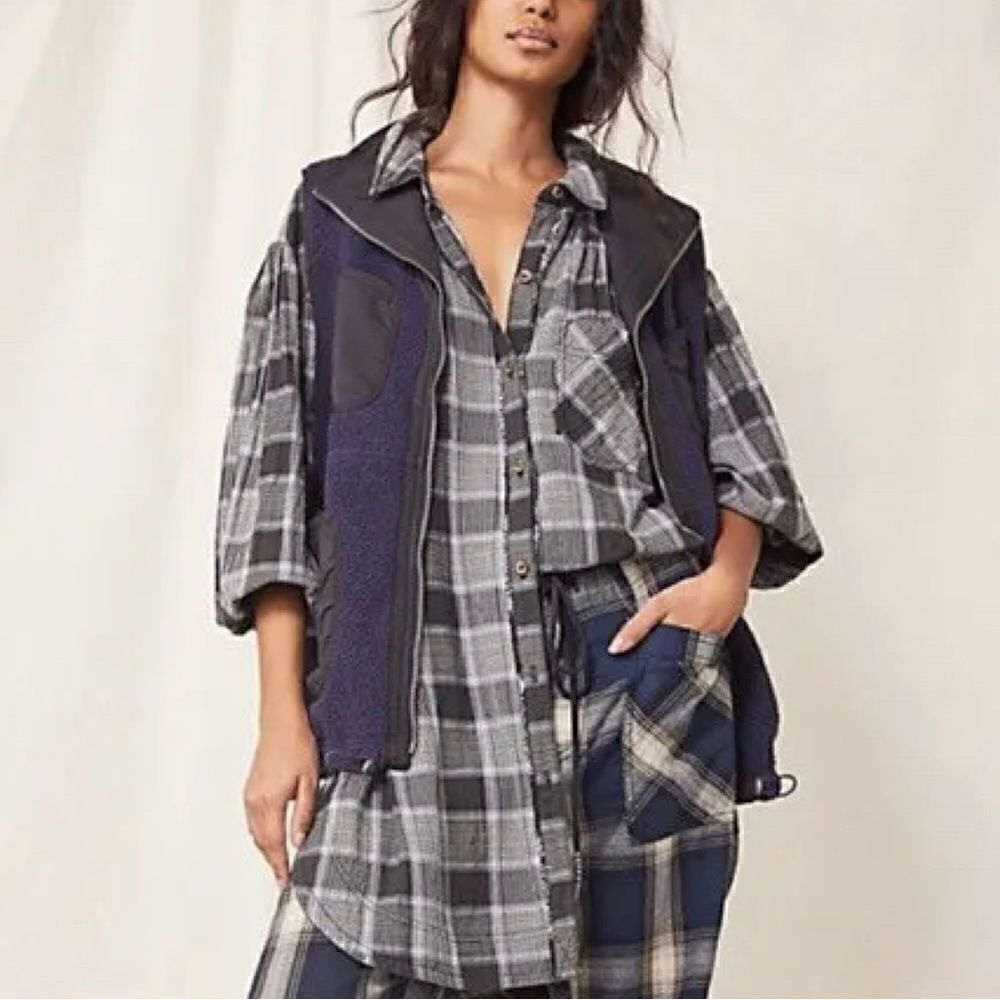 FREE PEOPLE WILDSIDE PLAID TUNIC TOP IN Blue Black Plaid XS New - Picture 4 of 9